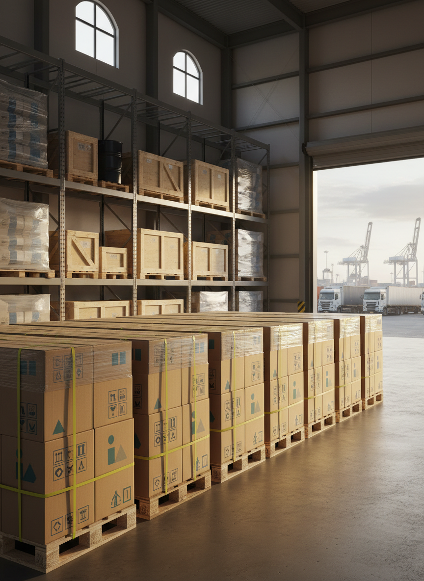 A close-up of a meticulously organized export-ready shipment in a modern warehouse: neatly stacked cardboard cartons on clean wooden pallets, each carton bearing generic, non-text labels and simple geometric icons to avoid branding. Behind them, tall metal racks hold crates and drums suggesting varied product categories, from industrial components to packaged foods. A wide, partially open loading bay door reveals a row of waiting cargo trucks and a distant view of coastal cranes, hinting at port access. Warm late-afternoon sunlight slants in through high windows, creating long, defined shadows and a golden sheen on the pallets. Photographic realism, shot at a low angle, emphasizing scale and readiness. The mood is efficient and orderly, underscoring export coordination and logistics from Venezuela to global markets.