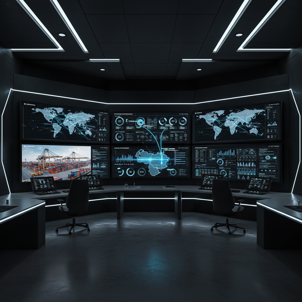 A high-end control room featuring multiple ultra-wide monitors displaying detailed world maps, shipping lanes, container port activity, and real-time import/export dashboards. A translucent digital overlay shows highlighted links between Venezuela and key global markets, emphasizing international coordination. The room is sleek and minimal, with dark matte surfaces, subtle LED accents, and organized workstations. Cool, focused overhead lighting combines with a soft glow from the screens, casting gentle reflections on the polished floor. Photographic realism, captured from a slightly elevated angle, with deep focus across all screens for clarity. The atmosphere is analytical and forward-looking, conveying precise logistics management and global supply chain visibility, with no human operators visible.